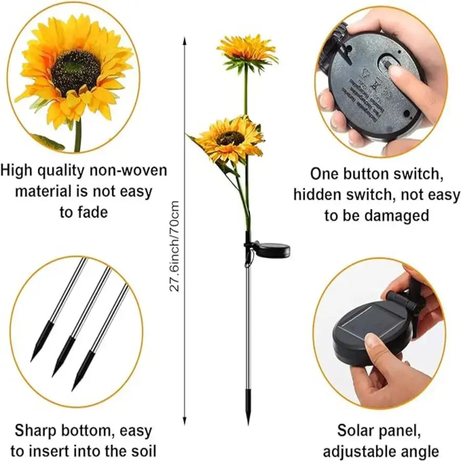 【Summervibes】Led Sunflower Garden Lights Realistic Night Glow for Yard Lawn Patio Porch Decoration Waterproof IP65 Energy Efficient Outdoor Lighting Durable Plastic Flowers Upgraded Solar Panels